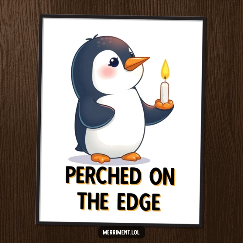 Funny poster print of a curious penguin with a tiny, lit candle balanced perfectly on its beak.