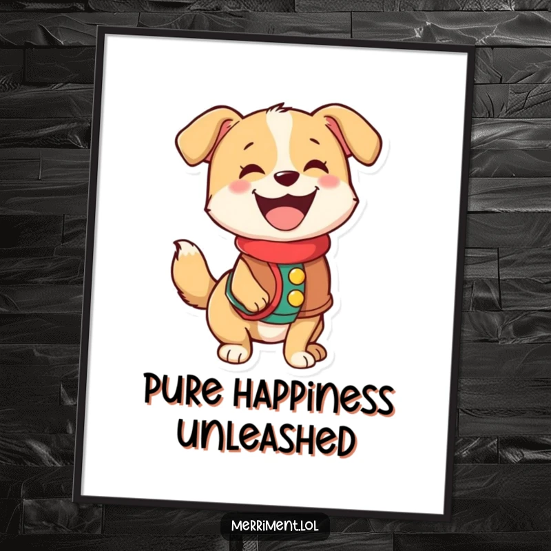 Funny poster print of a happy dog wearing a festive vest and wagging its tail with exuberant joy.