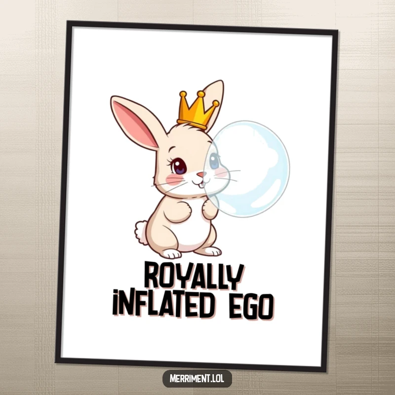 Funny Rabbit Poster: Whimsical wall art of a curious crowned rabbit comically blowing a large bubble, bringing joy.