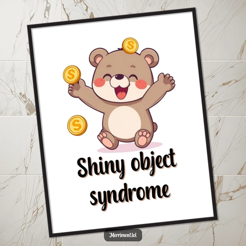 Funny poster showing a delighted bear cub enthusiastically juggling three shiny golden coins, radiating pure, contagious happiness.