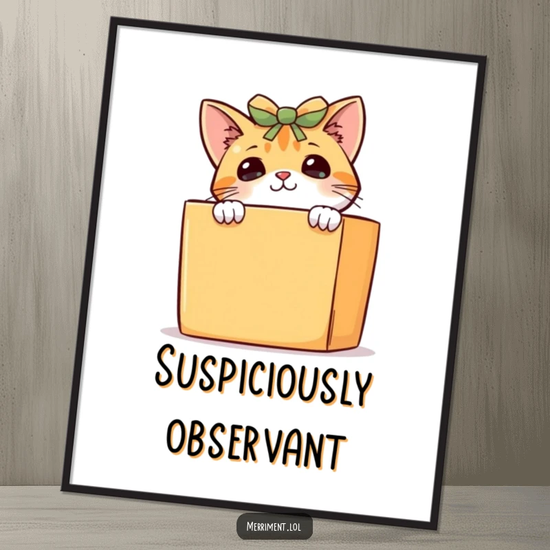 Funny curious cat poster, a cute kitten peeking from behind a large present, adding a touch of playful mystery to wall decor.