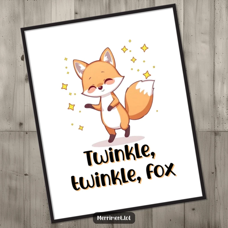 Funny poster of a playful fox dancing with tiny, twinkling stars, creating a magical and enchanting visual experience.