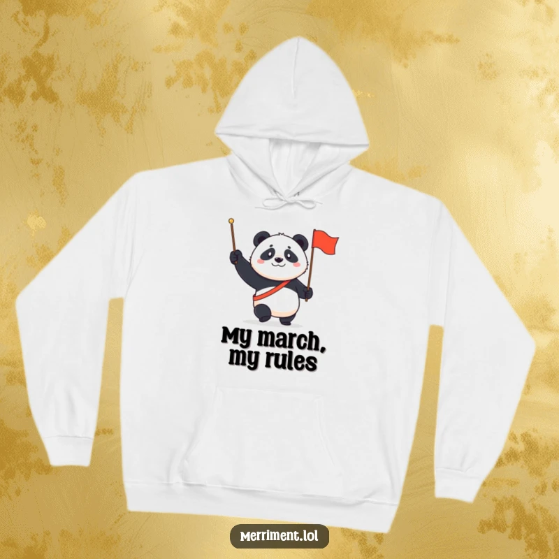 Funny Panda Hoodie: A determined panda marches with a tiny flag, sporting a proud grin, perfect for chilly days.