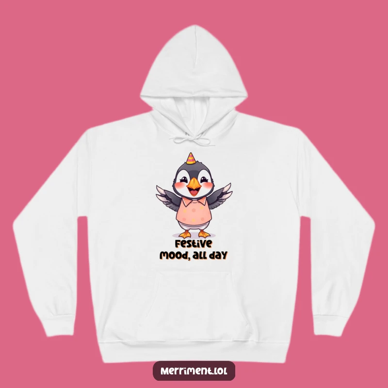 Funny Puffin Hoodie: Grinning Party Puffin, Wiggling Wings, Cozy Festive Gift