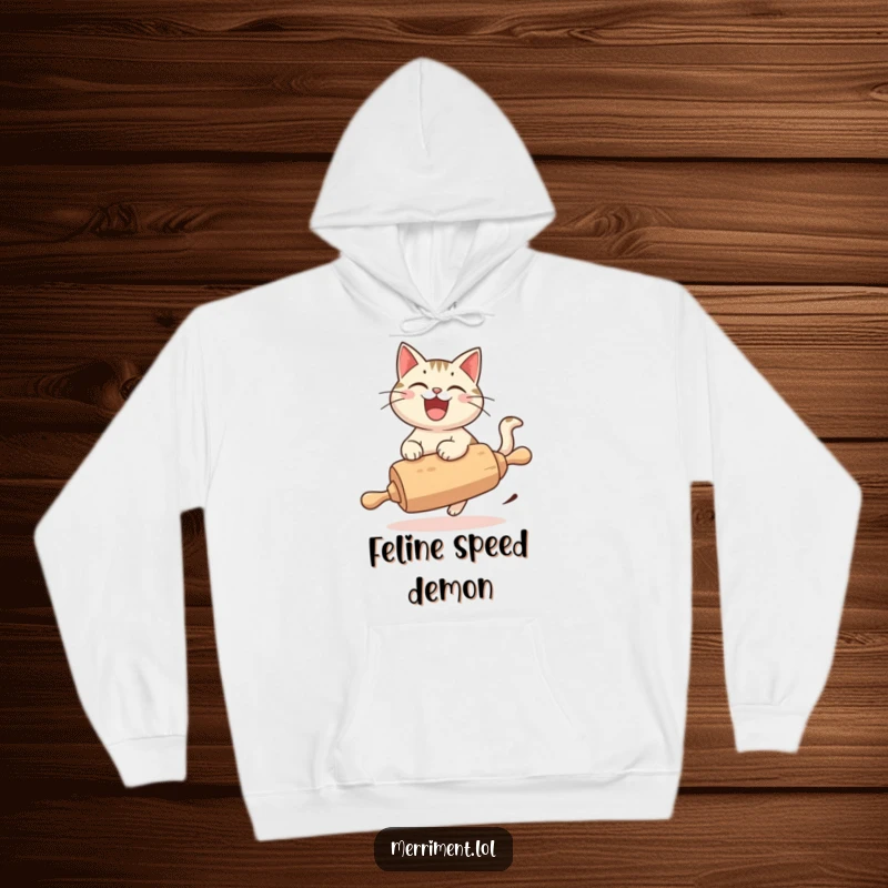 Funny Cat Hoodie, a cheerful cat with a wide grin, riding a runaway rolling pin with pure glee and speed.
