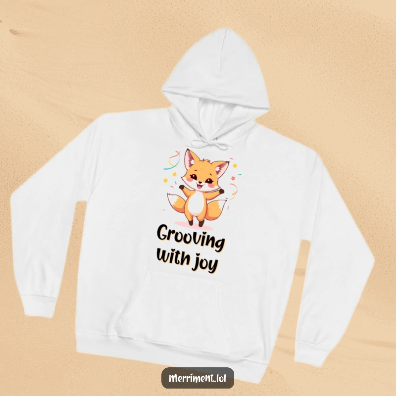 Funny hoodie featuring a happy fox cub dancing with colorful streamers, combining warmth and festive spirit.