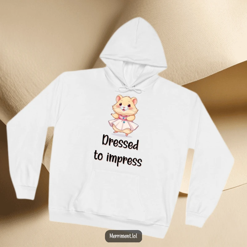 Funny, fluffy hamster wearing a tiny party dress and twirling happily, a humorous and cozy design for a hoodie.