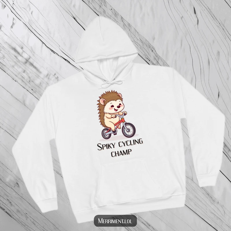 Funny hedgehog attempting to ride a tiny unicycle with an uncertain look, providing humorous and cozy warmth.