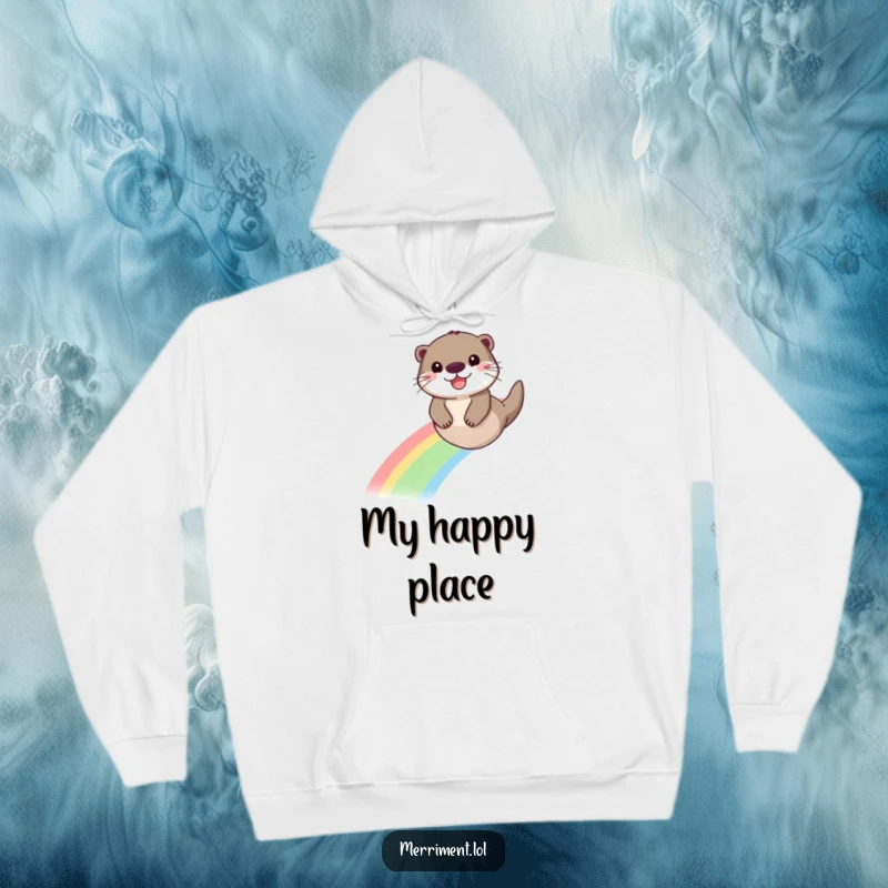 Funny hoodie depicting a delighted otter with a beaming face sliding down a bright, colorful rainbow, evoking pure joy.