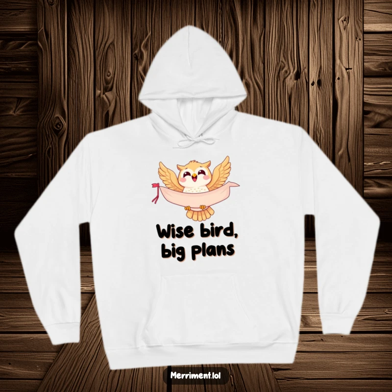 Funny owl hoodie, a joyful bird soaring high carrying a banner, offering warmth and humor to the wearer.