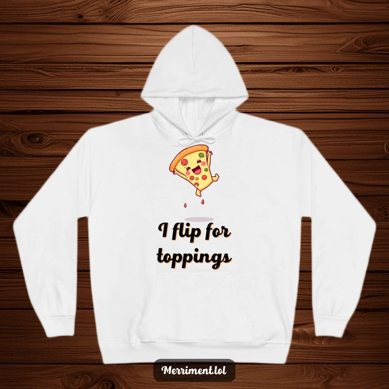 Funny pizza slice hoodie mid-somersault, offering a comfortable and humorous wearable art piece for cartoon enthusiasts.