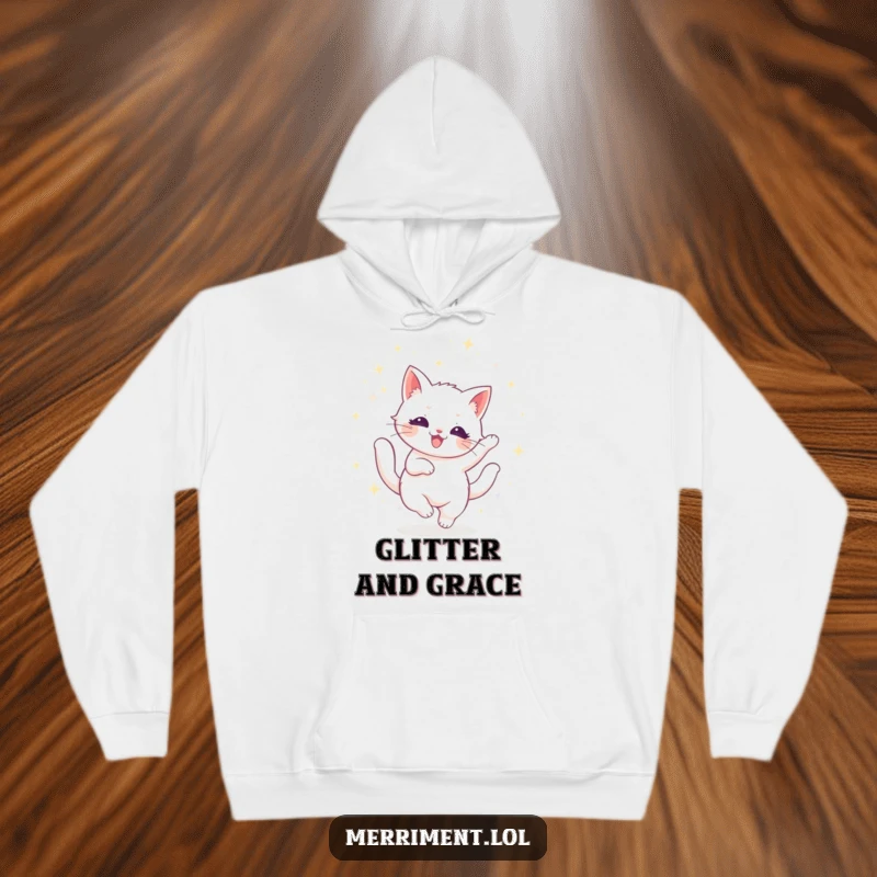 Funny hoodie featuring a radiant cat in a dynamic twirl, surrounded by a shower of sparkling glitter, elegant and amusing.