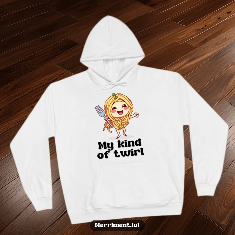 Funny hoodie depicting spaghetti character elegantly performing a tango with a fork, offering warmth and humorous culinary art.