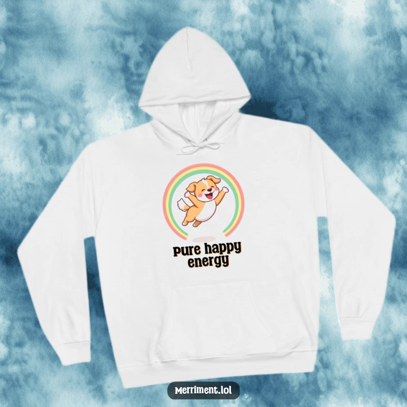 Funny Hoodie showing a joyful dog leaping through a hoop of rainbows with a happy bark, warm and happy.
