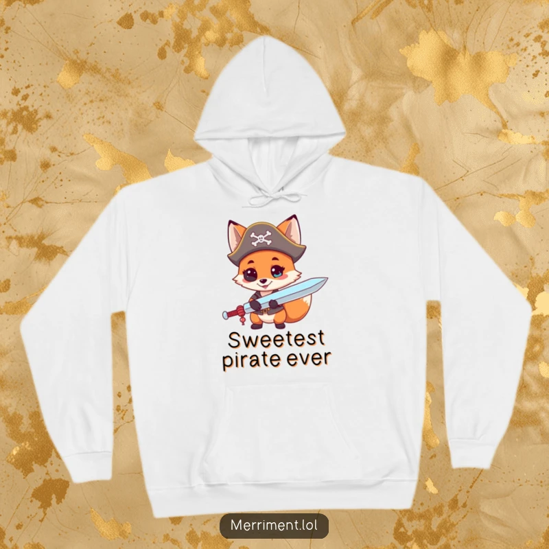 Funny hoodie design featuring a curious fox wearing a pirate hat and wielding a giant lollipop like a sword, for cozy adventures.