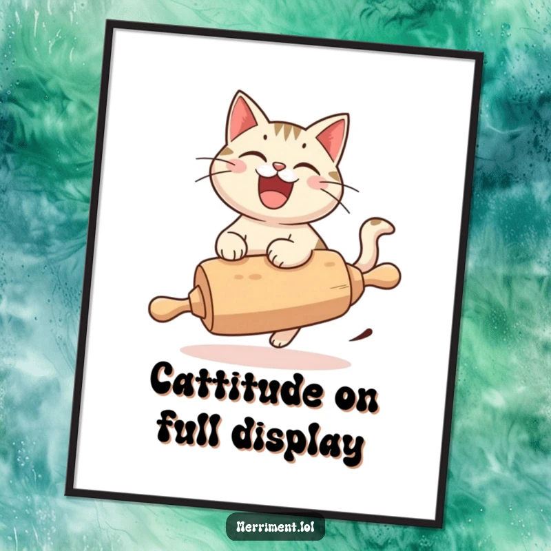 Funny Free Printable Wall Art: A cheerful cat with a wide grin rides a runaway rolling pin with pure delight.