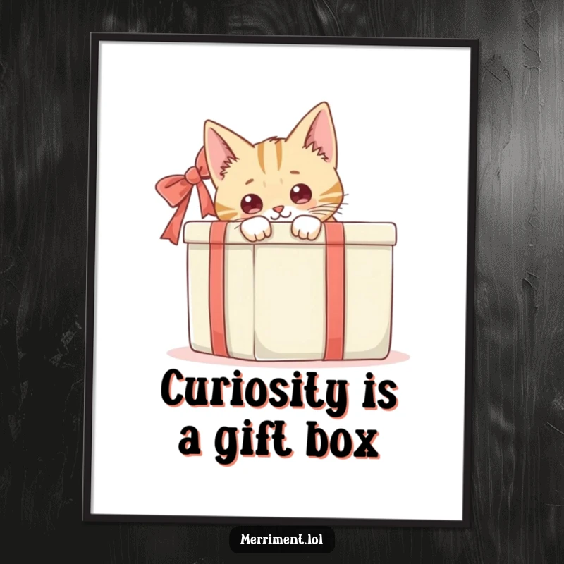 Funny Free Printable Wall Art: A curious cat emerges from behind a large gift box, adding whimsy. Downloadable decor.