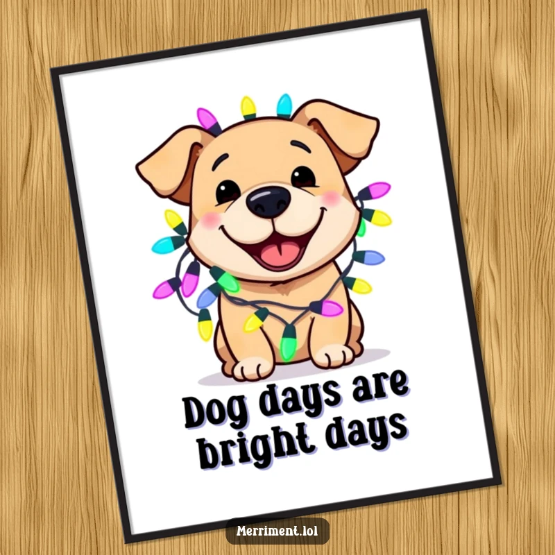 Funny free printable wall art of a smiling dog covered in bright, oversized fairy lights, radiating happiness.