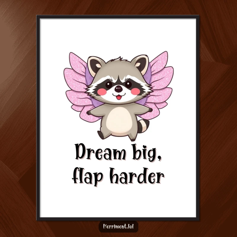 Funny Free Printable Wall Art: Blushing raccoon character attempting to fly with oversized, glittery paper wings, inspiring dreams.