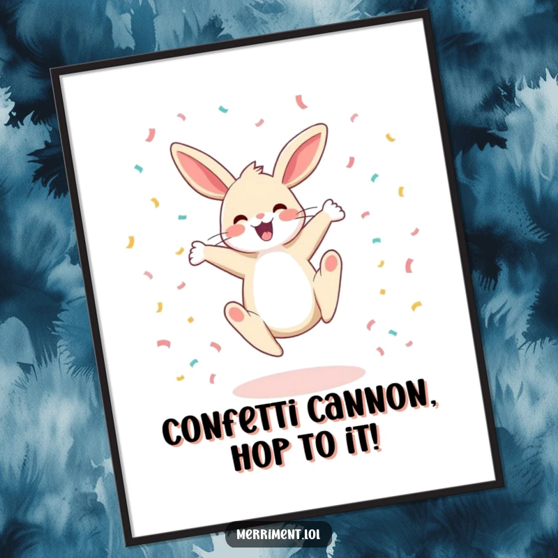 Funny Free Printable Wall Art: A happy bunny performs an energetic cartwheel, with confetti bursting around its acrobatic feat.