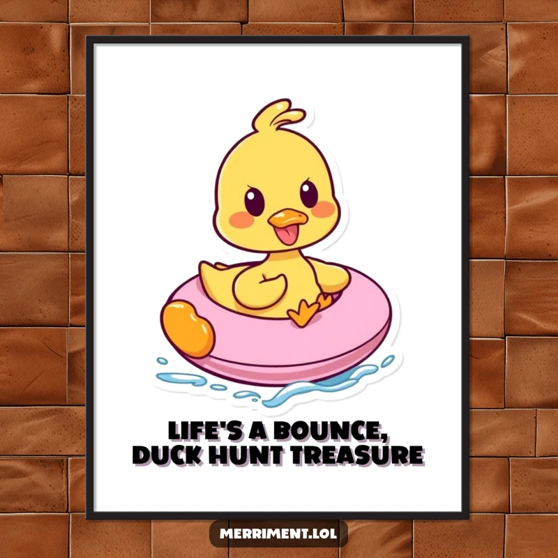 Funny Free Printable Wall Art of a happy duck character gleefully riding a bouncy inflatable, ready to bring laughs.