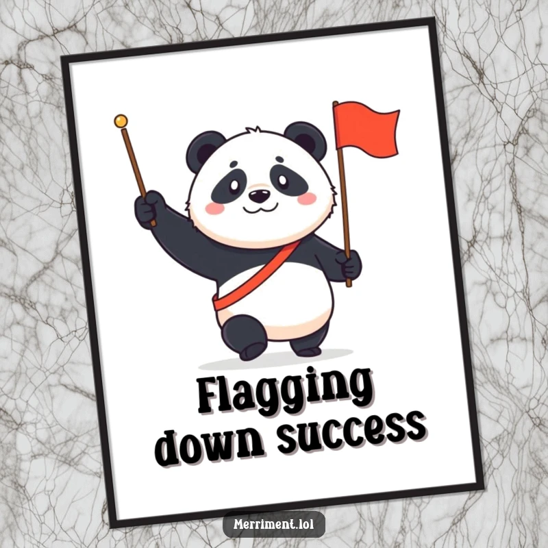 Funny Free Printable Wall Art of a determined panda enthusiastically marching with a tiny flag, exuding pride and motivation.