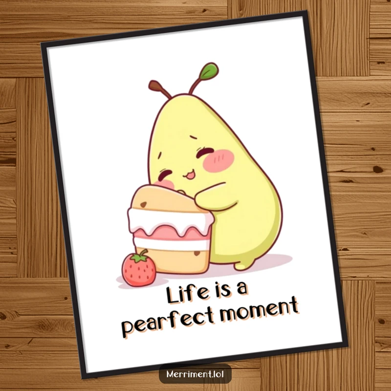 Funny Free Printable Wall Art: A blushing pear character attempts to sneak a bite from an oversized cake, creating a humorous and delightful scene.