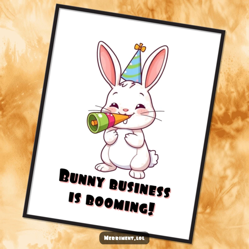 Funny free printable wall art of a cheerful bunny in a party hat, blowing a gigantic noisemaker with infectious celebratory energy.