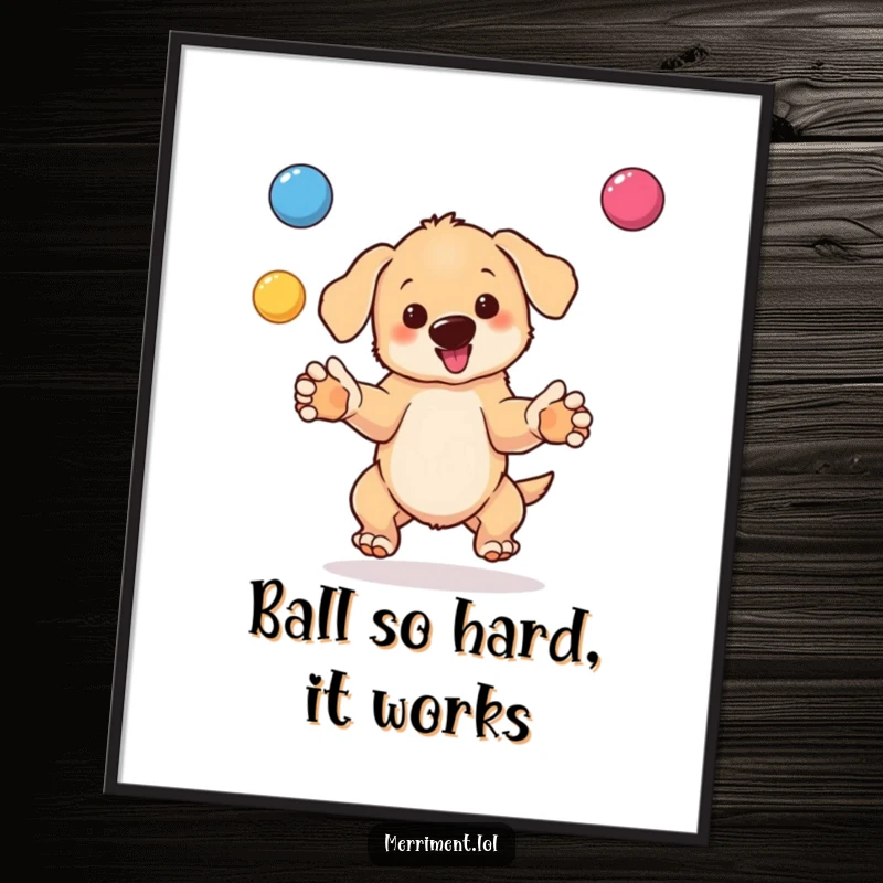 Funny Free Printable Wall Art: A cartoon puppy in mid-air, juggling colorful balls with great enthusiasm.