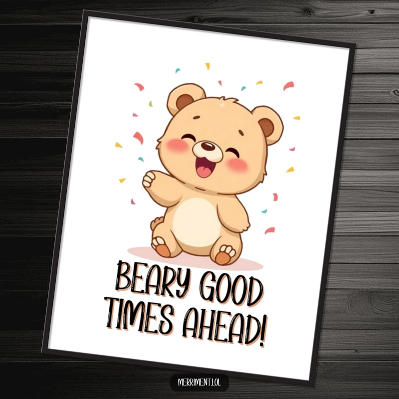 Funny free printable wall art showcasing a giggling bear cub gleefully tossing a vibrant explosion of confetti, radiating pure delight.