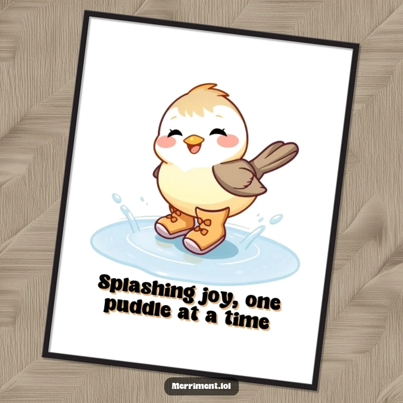 Funny Free Printable Wall Art: Chickadee in oversized boots splashing in a puddle, whimsical downloadable art.