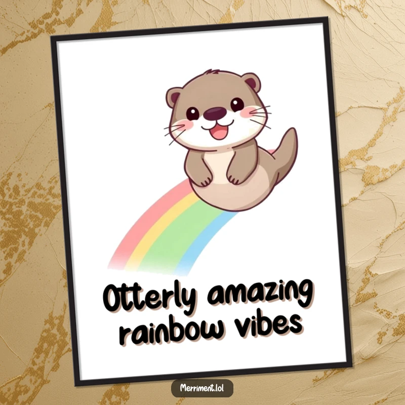 Funny Free Printable Wall Art: A happy otter with a huge smile sliding down a bright, colorful rainbow
