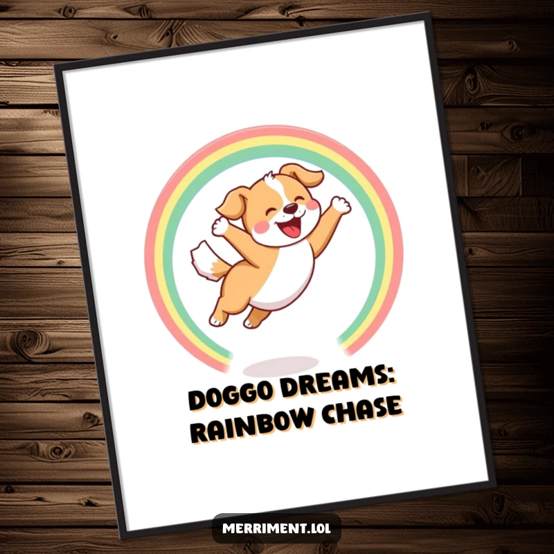 Funny Free Printable Wall Art: Joyful dog character leaping through a hoop of rainbows with a happy bark, colorful celebration.