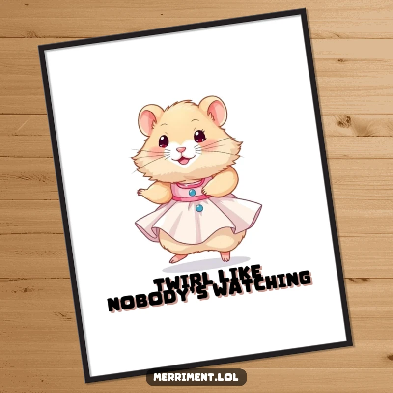 Funny Free Printable Wall Art: A fluffy hamster joyfully twirling in a tiny party dress. Downloadable decor.