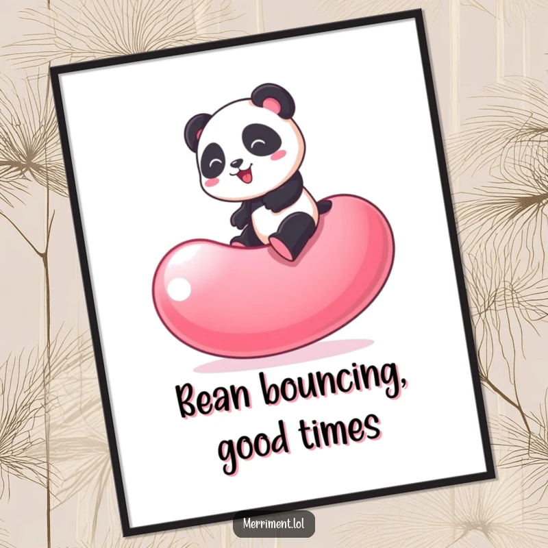Free Printable Wall Art: A cute panda cheerfully bouncing high on a giant, unstable jelly bean.
