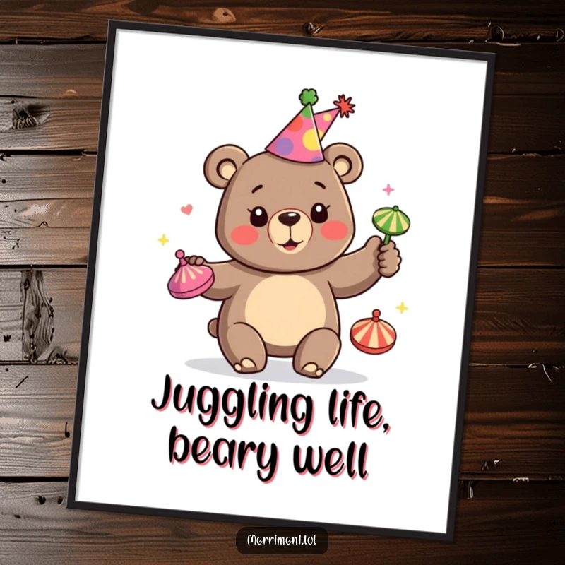 Funny Free Printable Wall Art: A happy bear wearing a party hat expertly juggles many colorful tops.