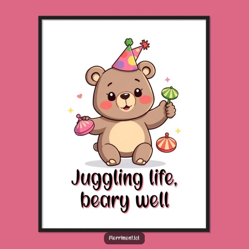 Funny Free Printable Wall Art: Juggling Bear Party Hat, Downloadable Decor for Festivity
