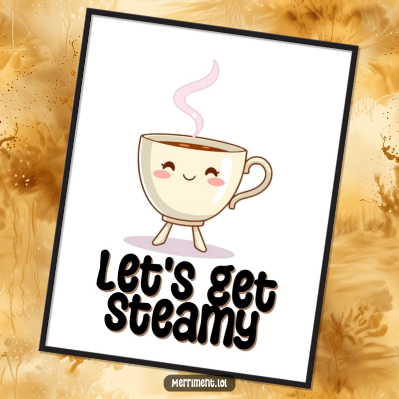 Funny Free Printable Wall Art: A teacup dances with delight, serving up smiles with its whimsical, playfully shaped steam.