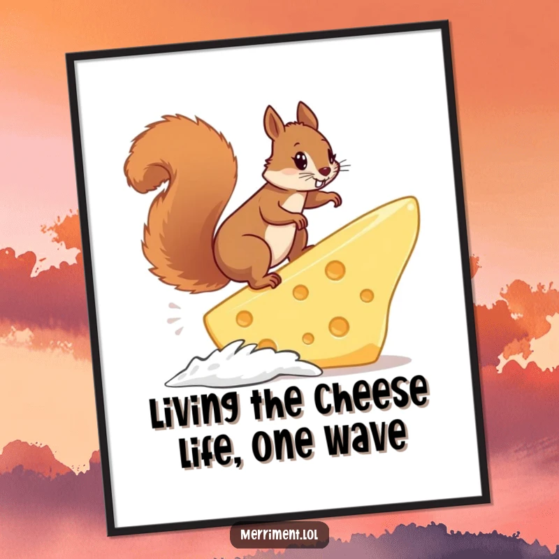 Funny Free Printable Wall Art: Squirrel shredding a giant cheese slice on waves, hilarious downloadable decor.