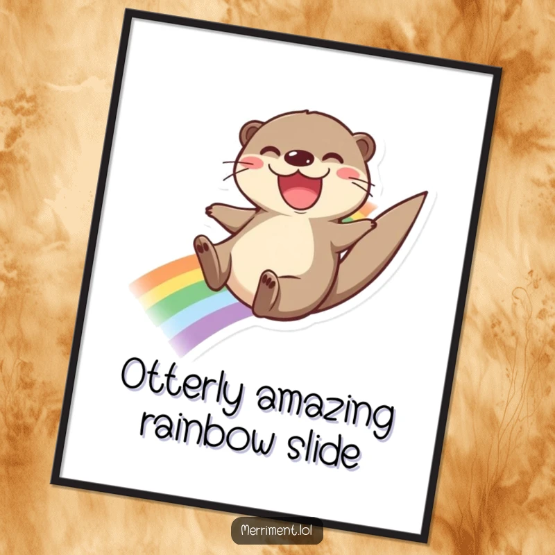 Funny Free Printable Wall Art: A joyful otter with a wide grin slides down a bright rainbow, radiating happiness.