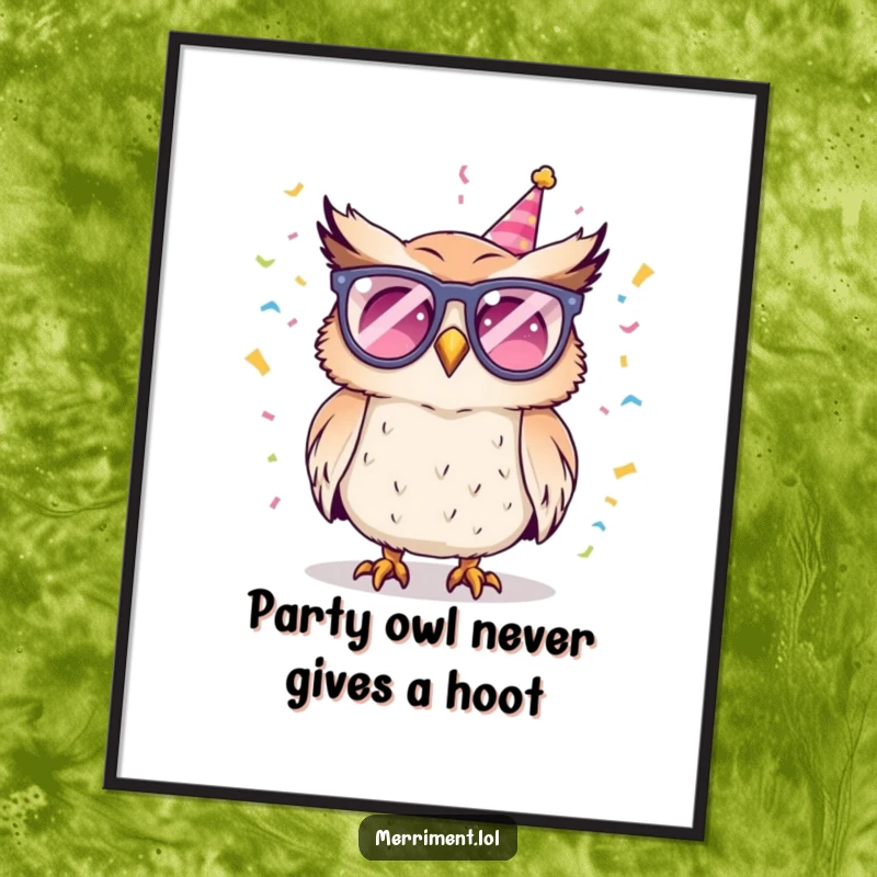 Funny Free Printable Wall Art of a mischievous owl sporting party glasses and throwing confetti with playful abandon.