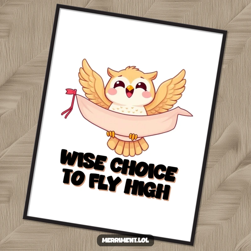 Funny Free Printable Wall Art of a joyful owl soaring with a banner, adding whimsical decor to any space.