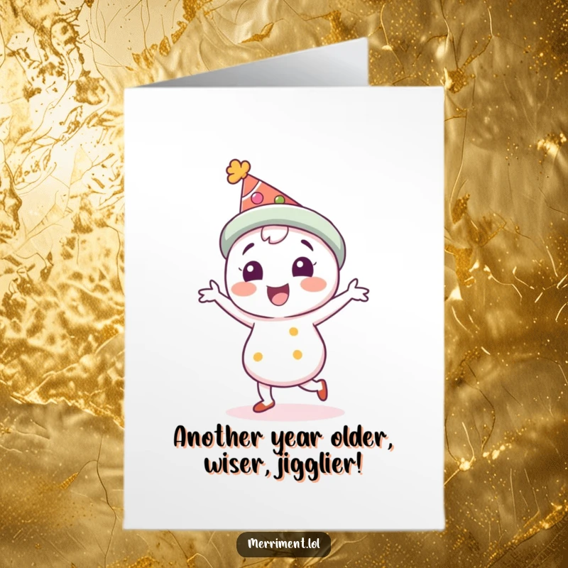 Funny Free Printable Birthday Card: Delighted character in hat doing a joyful jig, perfect for laughter.