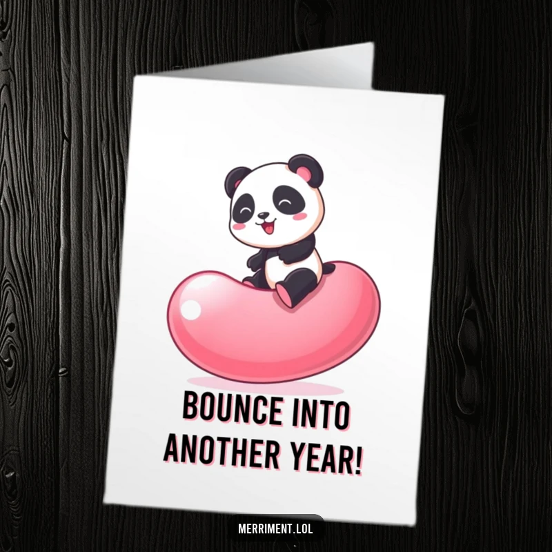 Funny Free Printable Birthday Card: A happy panda playfully bouncing on a huge, wobbly jelly bean.