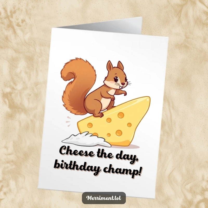 Funny Free Printable Birthday Card: Squirrel joyfully surfs giant cheese slice, perfect for a hilarious DIY gift.