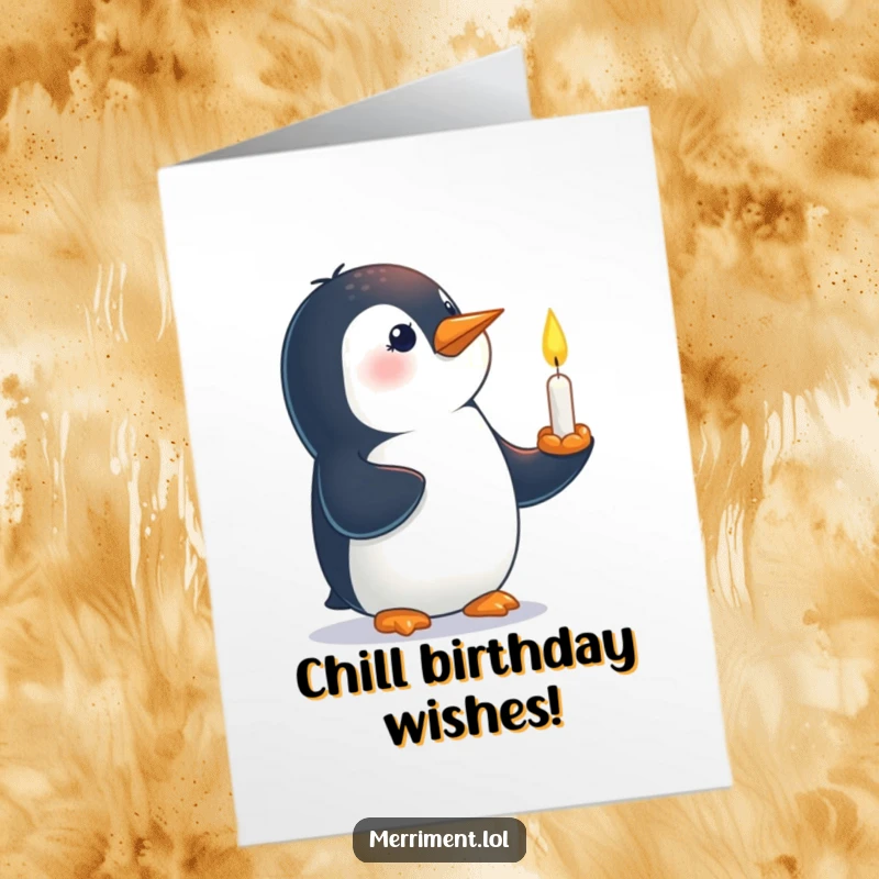 Funny Free Printable Birthday Card: Curious penguin character balancing a tiny, lit candle on its beak, ready for celebration.