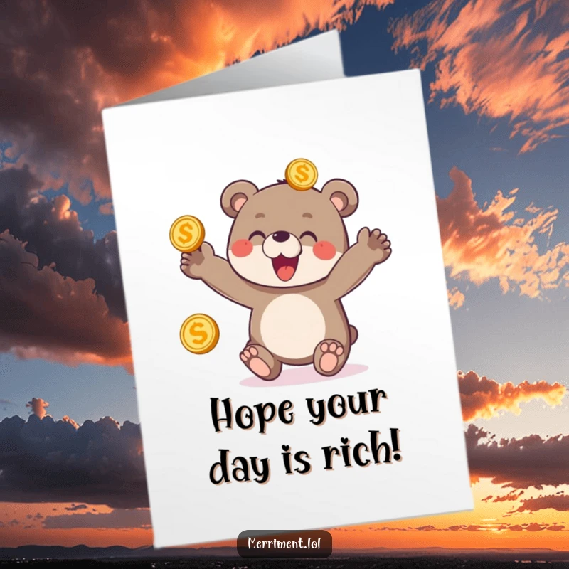 Funny Free Printable Birthday Card: A delighted bear cub joyfully juggles three shiny golden coins, wishing a birthday filled with good fortune.