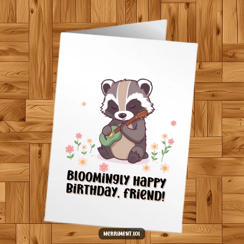 Funny Free Printable Birthday Card: Determined badger tapping a rhythm, causing flowers to instantly bloom, celebrating growth and joy.