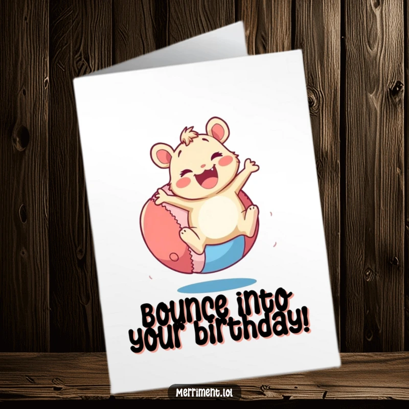 Funny Free Printable Birthday Card: Merry critter bouncing a giant colorful ball with enthusiasm, playful energy.