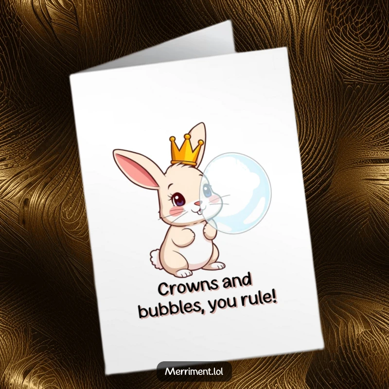Funny Free Printable Birthday Card: Curious rabbit in a crown blowing a huge bubble, ready for a laugh.